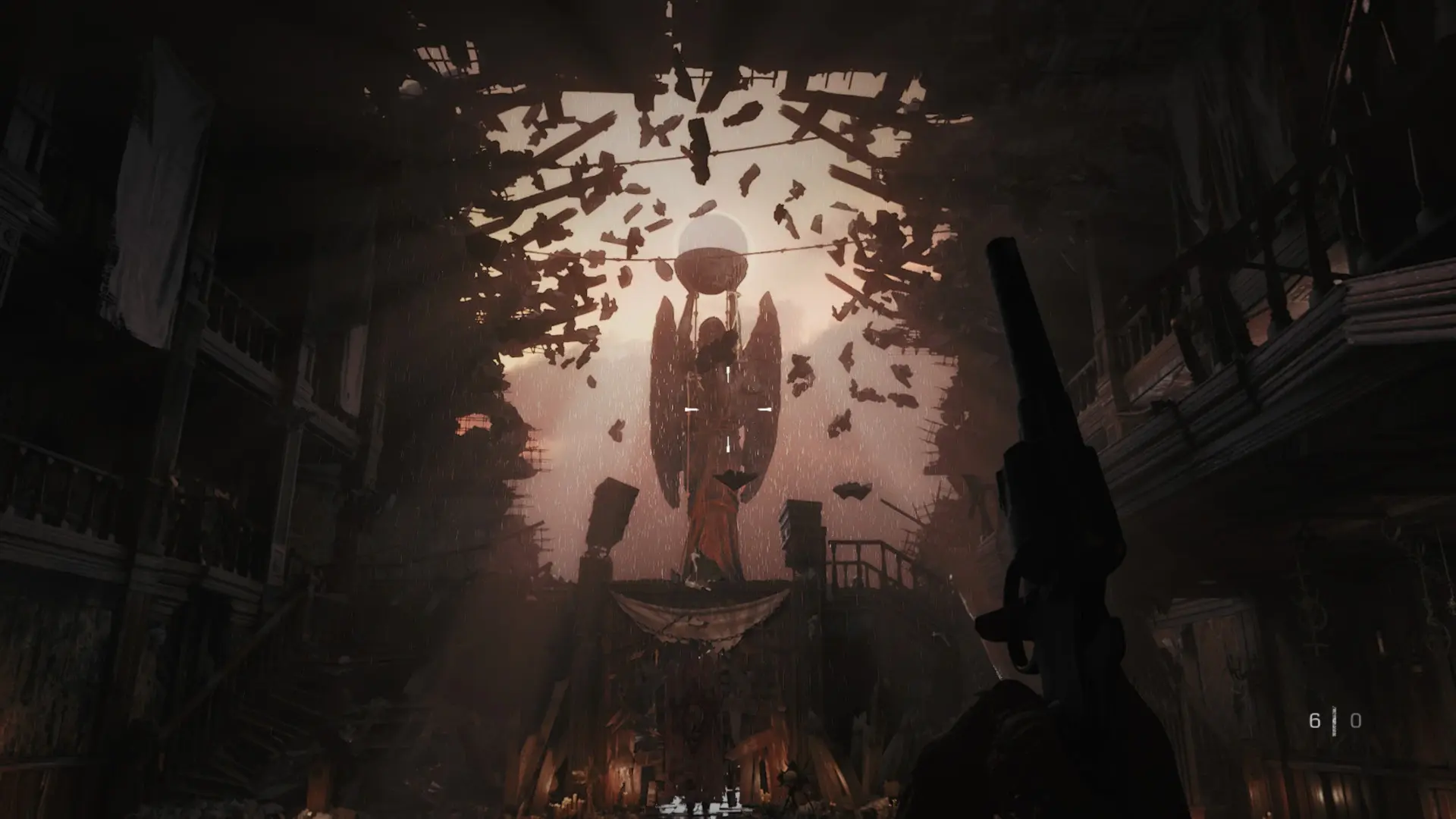 The ruined orphanage interior in Black Lake, lit by a monumental ritual structure